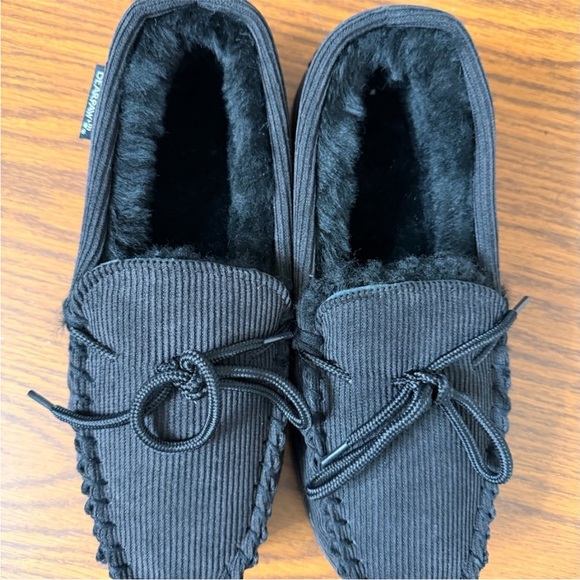 BEARPAW SUEDE FURRY MOCCASIN CORDUROY SLIPPERS BLACK SIZE 9 - Picture 2 of 5